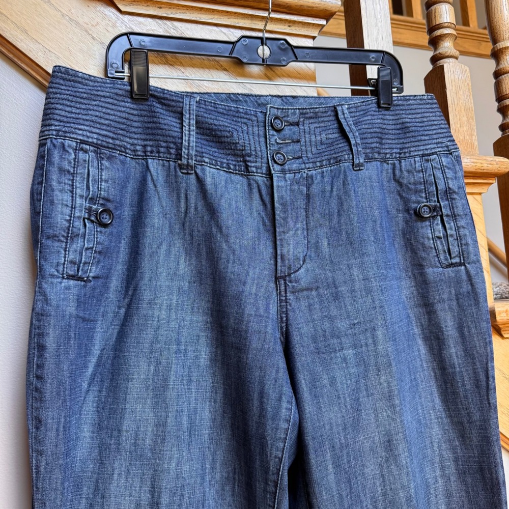 Women Blue Wide Leg Denim Trouser Jeans Sz 14 Textured Waistband Boho 70s Style - Picture 4 of 7